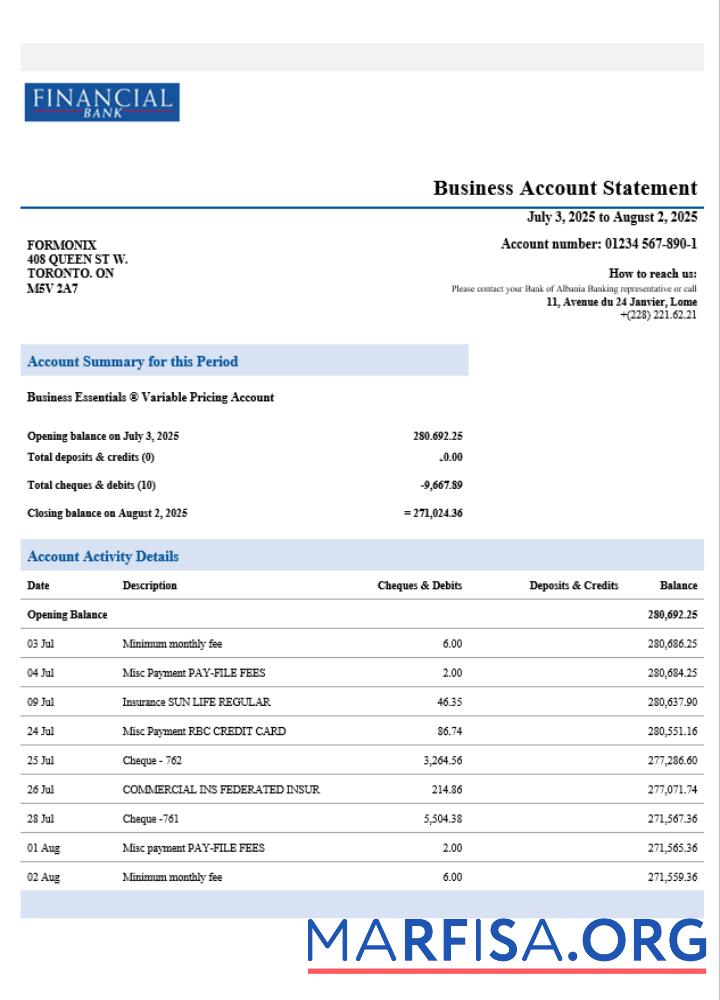 Printable Togo Financial Bank corporate account statement Word and PDF template